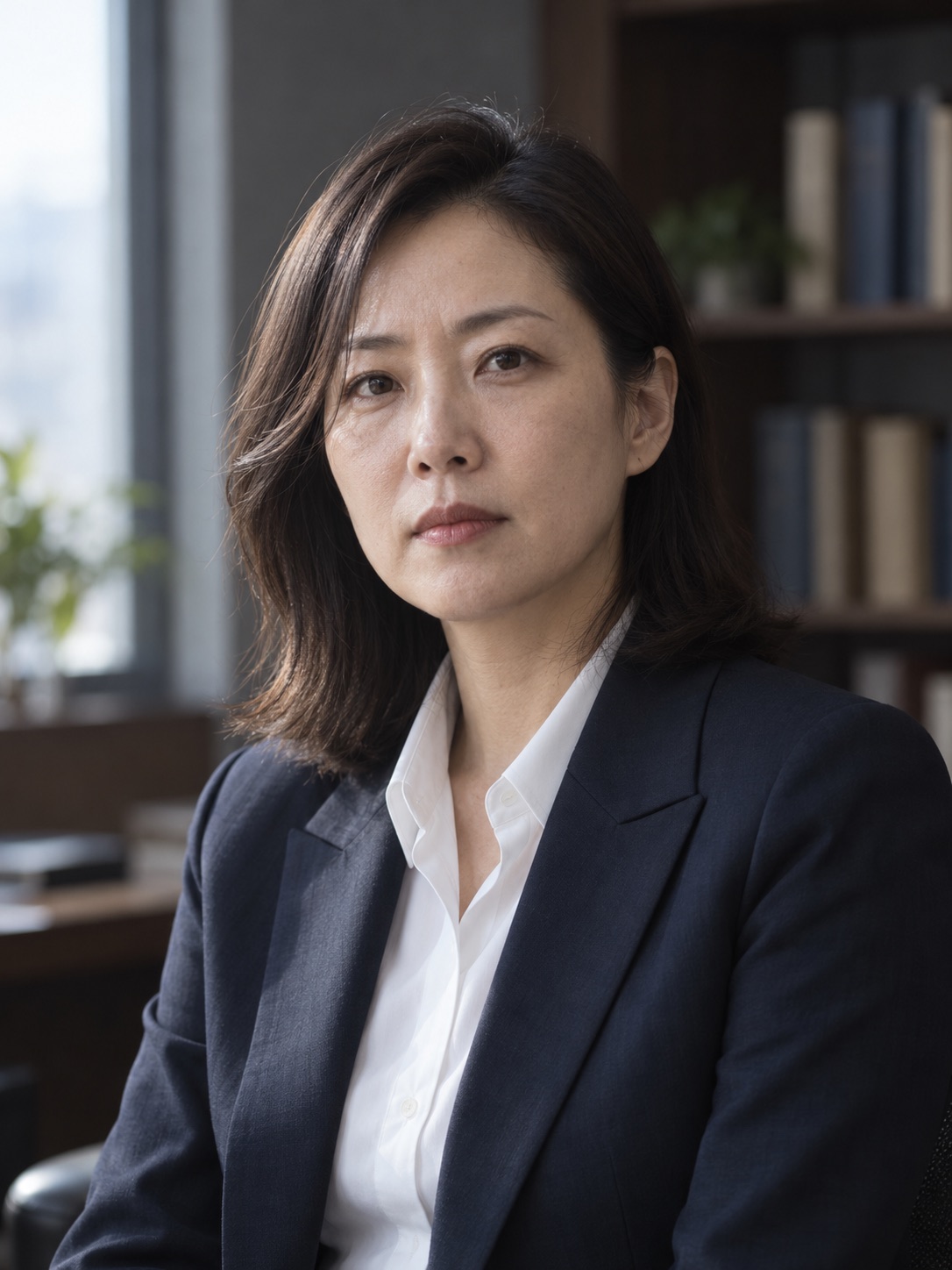 사무실에서 서 있는 변호사의 상반신 사진